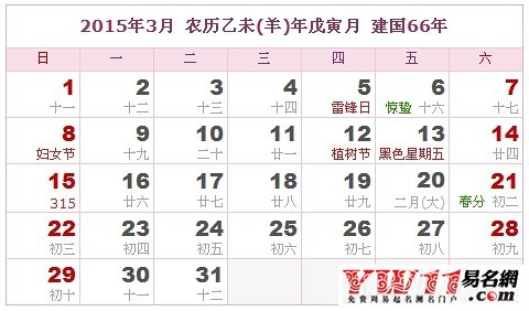 2015年黃歷3月份