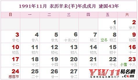 1991年11月農(nóng)歷表，1991年11月日歷表