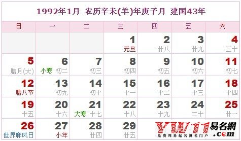1992年1月農(nóng)歷表,1992年1月日歷表