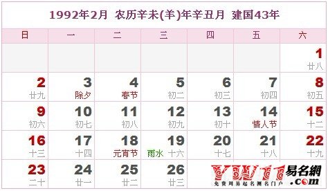 1992年2月農(nóng)歷表,1992年2月日歷表