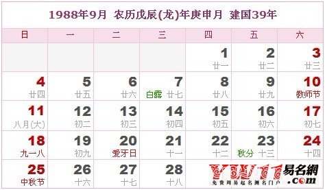 1988年9月農(nóng)歷表，1988年9月日歷表