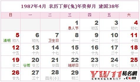 1987年4月農(nóng)歷表，1987年4月日歷表