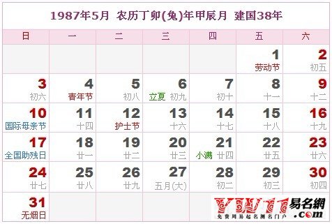1987年5月農(nóng)歷表，1987年5月日歷表