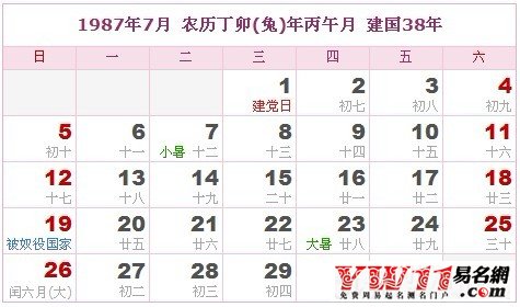 1987年7月農(nóng)歷表，1987年7月日歷表
