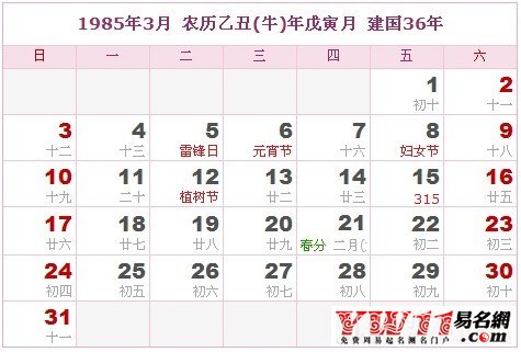 1985年3月農歷表，1985年3月日歷表